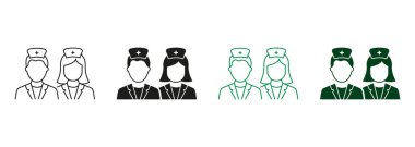 Erkek ve Kadın Hekimler Uzmanı Siyah ve Renkli Pictogram Koleksiyonu. Doktor Adam ve Kadın Sembol Seti. Medic Professional Assistants Line ve Silhouette Icons. İzole Vektör İllüstrasyonu.