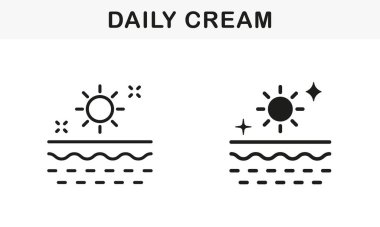 Krema Hattı ve Siluet Siyah Simge Seti. Günlük Krema, Köpük, Jel, Mousse, Piktogram. Güneş kremi, Güneş Kremi Sembol Koleksiyonu. Günlük Skincare. İzole Vektör İllüstrasyonu.