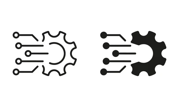 Gear Sign Business Solution Pictogram Inglês Digital Cogwheel Electronic Technology — Vetor de Stock