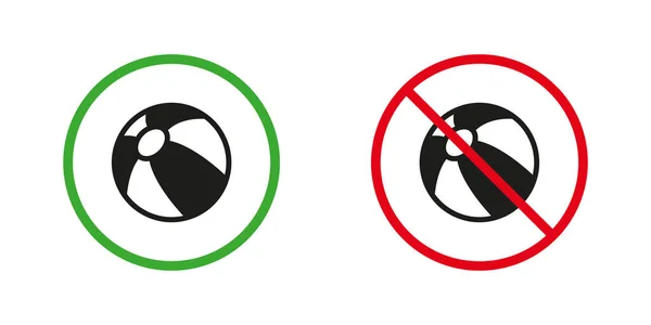 海滩玩球警告标志区 黑色带状充气水球轮廓图标集 允许和禁止的海滩区域象形文字 孤立的病媒图解 — 图库矢量图片