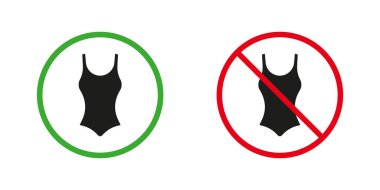 Kız Yaz Mayo Uyarı Katı İşaretleri. Yüzme Kıyafeti Silueti Simgeleri Ayarlandı. İzin Verilen ve Yasaklanan Kadınlar Bir Parça Bikini Mayo Glyph Pictogram. Çıplaklar plajı tabelası. İzole Vektör İllüstrasyonu.