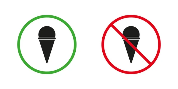 允许和禁止进入与冰淇淋规则轮廓图标设置 进食食物区红色及绿色警告标志 信息标志 孤立的病媒图解 — 图库矢量图片