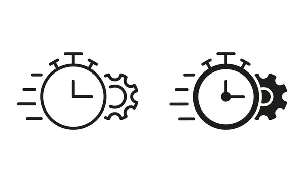 齿轮和观看截止日期 控制时间和效率象形文字 齿轮和时钟线和轮廓图标集 优化工艺黑色符号集合 孤立的病媒图解 — 图库矢量图片