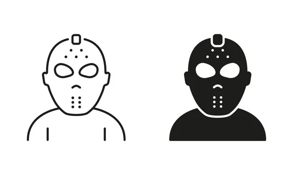 Przerażający Jason Mask Halloween Party Line Silhouette Black Icon Set — Wektor stockowy