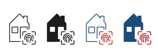 不動産セキュリティラインとシルエットアイコンセット バイオメトリック識別シンボルコレクションを持つ家の建物 指紋ピクトグラムで安全なスマートホーム 絶縁ベクトルイラスト — ストックベクタ