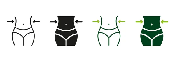 女性身体瘦身符号系列 妇女减重黑色和彩色象形文字 塑形腰围控制 苗条的腰围线和轮廓图标集 孤立的病媒图解 — 图库矢量图片