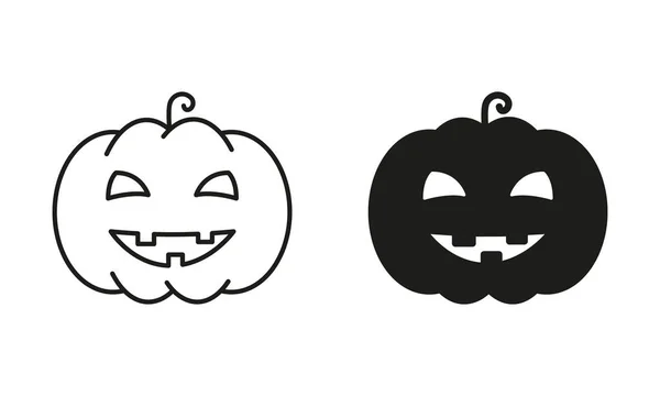 Halloween Linha Abóbora Silhueta Black Icon Set Scary Jack Lantern —  Vetores de Stock
