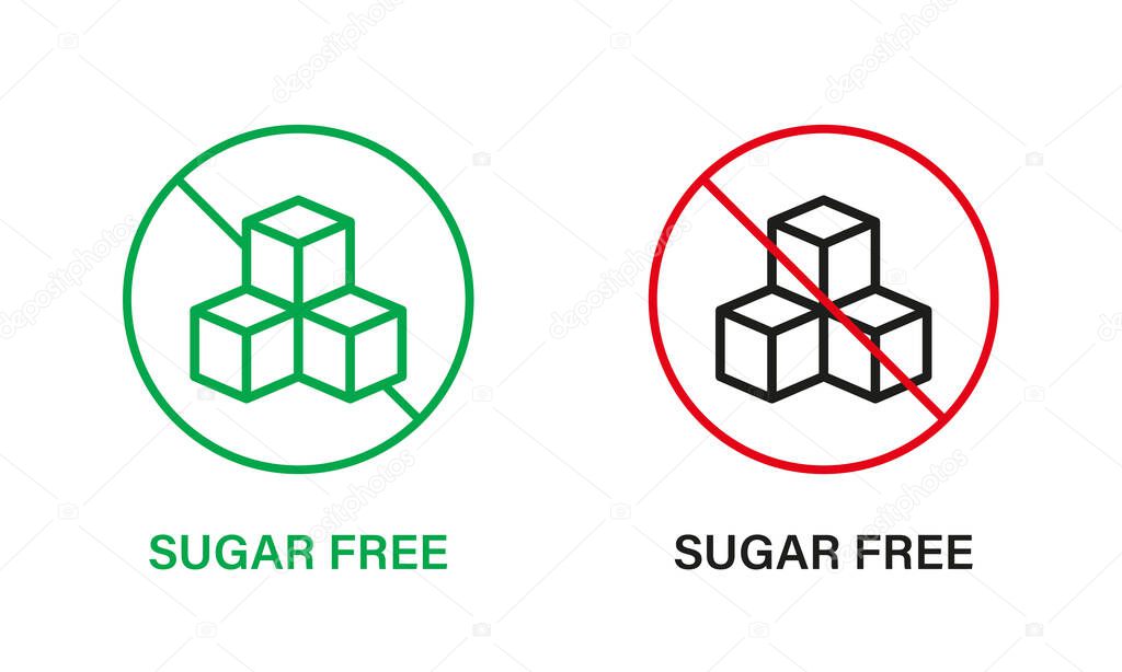 Sugar Free Line Icon Set. Food No Added Sugar with Stop Sign. Glucose Forbidden Symbol. Zero Glucose Guarantee Logo. No Sugar for Diabetic Product Label. Isolated Vector Illustration.