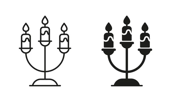 Candlestick Burning Candles Line Silhouette Black Icon Set Декор Хелловін — стоковий вектор