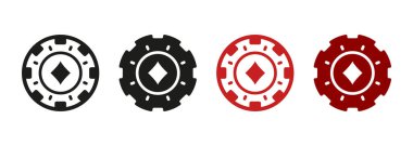 Poker, Kumar Bahisleri İşareti. Kumarhane Ruleti Piktogram Koleksiyonu 'nda Lucky Game Suit. Poker Çipi, Elmaslar Siluet Simgeleri Set. Şans oyunları, kumar, para bahisleri. İzole Vektör İllüstrasyonu.