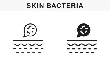 Cilt Hattındaki Bakteri ve Siluet Siyah Simge Seti. Flora Pictogram mikroplu cilt katmanı. İnsan Derisi Sembol Koleksiyonunun Yapısı Üzerine Mikroorganizmalar. İzole Vektör İllüstrasyonu.