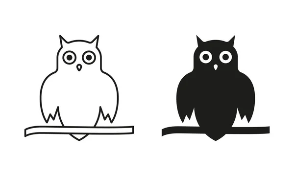 Spooky Owl Eyes Line Silhouette Black Icon Set 할로윈의 지혜의 — 스톡 벡터