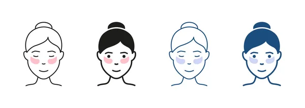 化粧品コラーゲンアイパッチしわに対するシンボルコレクション 顔のアンチエイジング手順 女の子はジェルパッチラインとシルエットアイコンセットを使用しています 目のピクトグラムの下にパッチ 絶縁ベクトルイラスト — ストックベクタ