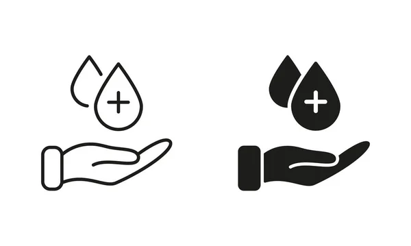 Υγιεινή Γραμμή Διαδικασία Και Silhouette Icon Set Ανθρώπινο Χέρι Sanitizer — Διανυσματικό Αρχείο