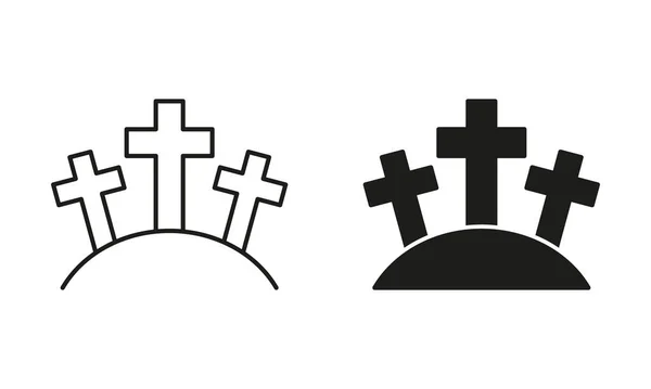 Cemetery Tombstone Cross Line Silhouette Black Icon Set Gravestone Tomb — Stock Vector