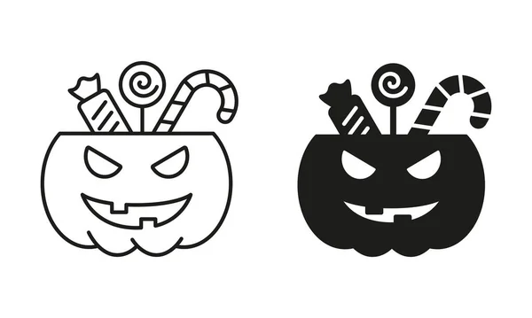 Pumpkin Candies Line Silhouette Black Icon Set Treat Trick Halloween — Stock Vector