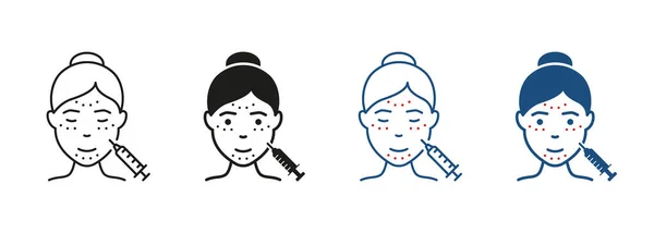 女性ラインおよびシルエットアイコンセット用アンチエイジングスキンケア手順 顔のしわのピクトグラムの注射 メソセラピー 酸とフィラーシンボルコレクション 絶縁ベクトルイラスト — ストックベクタ