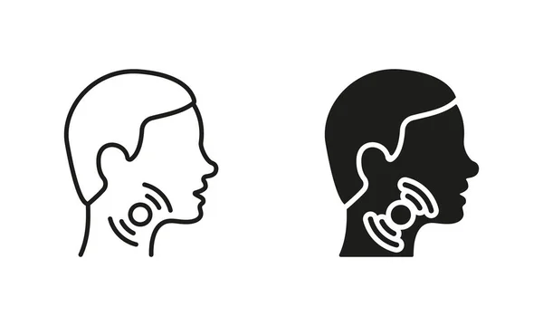 Sore Throat Line和Silhouette Icon Set 苦涩的索拉特符号收藏 有心绞痛 冷象形文字症状的男性头颅 孤立的向量图解 — 图库矢量图片
