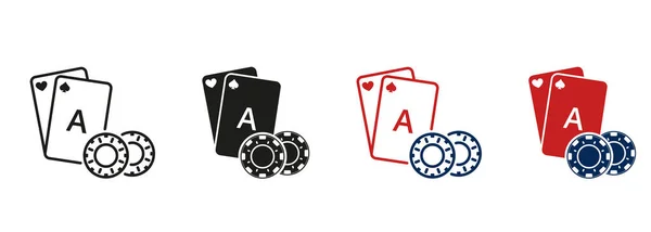 ラスベガスのカジノルーレット ポーカーチップ ライン シルエットアイコンセットでカードをプレイします ラッキーギャンブル ブラックジャック ブリッジ ポーカーサイン ギャンブルゲームシンボルコレクション 絶縁ベクトルイラスト — ストックベクタ