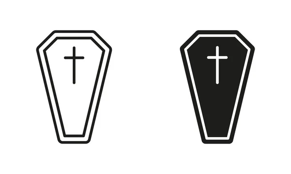 Conjunto Iconos Coffin Casket Line Silhouette Black Muerte Espeluznante Tumba — Vector de stock