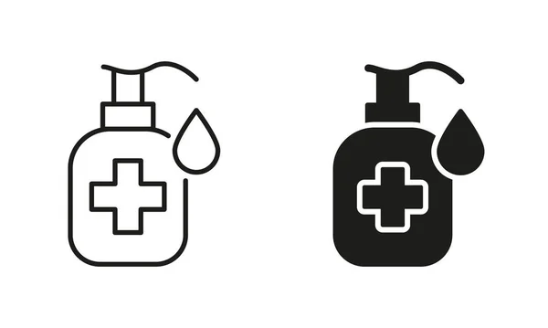 Hand Sanitizer Bottle Line Und Silhouette Icon Set Hygiene Produkt — Stockvektor