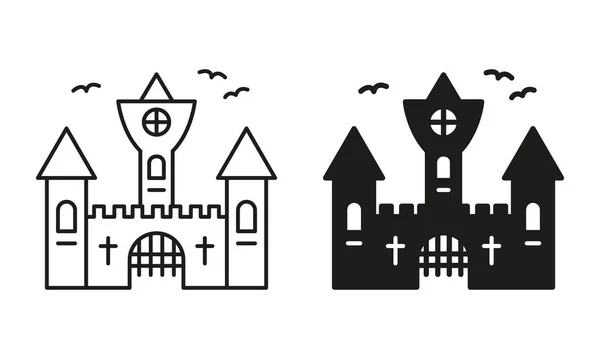 Halloween Gotiska Läskiga Slott Piktogram Set Vampyr Dracula Skrämmande Castle — Stock vektor