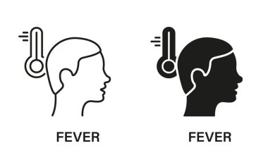 Ateş Semptom Hattı ve Siluet Simgesi Ayarlandı. Ateş, Yüksek Vücut Sıcaklığı Sembol Koleksiyonu. Grip, soğuk koronavirüs semptomu. Tıbbi Poster için Termometre Pictogram. İzole Vektör illüstrasyonu.