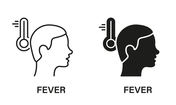 Fever Symptom Line Silhouette Icon Set Calore Febbrile Collezione Simboli — Vettoriale Stock