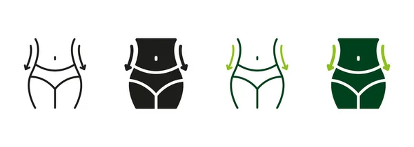 腰围形状控制 女性身体瘦身符号系列 妇女减重黑色和彩色象形文字 苗条的腰围线和轮廓图标集 孤立的病媒图解 — 图库矢量图片
