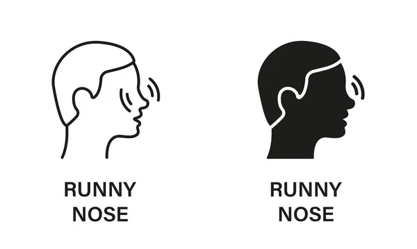 Runny Nose Line Silhouette Icon Set Dolore Naso Prurito Infiammazione — Vettoriale Stock
