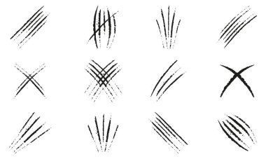 Vahşi Hayvan Saldırısı İzleme Seti. Pençe Tırmığı. Grunge Doku Kesici Ayı. Korkunç bir yırtılma. Canavar tırnağı izi. Kaplan ya da Kedi Pençesi Koleksiyonu. Soyut Tasarım Elementi. İzole Vektör İllüstrasyonu.