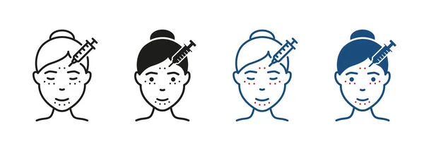 女性の顔の注射ラインとシルエットアイコンセット 顔のピクトグラムのスキンケア 充填剤 メソセラピー アンチエイジング手順シンボルコレクション 絶縁ベクトルイラスト — ストックベクタ