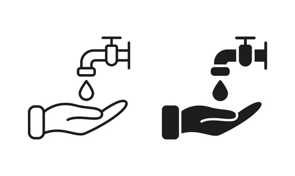 Wash Your Hands Line Silhouette Icon Set Water Drop Faucet — Stock Vector