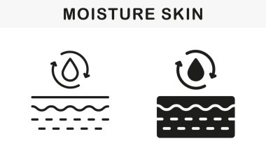 Nem Cilt Çizgisi ve Siluet Siyah Simge Seti. Arrow 'la Su Damlası ve Piktogram Derisi. Deri Emici Sıvı Vitamin, Jel, Serum, Krem Sembol Koleksiyonu. İzole Vektör İllüstrasyonu.
