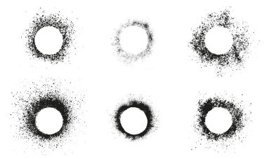 Sprey Çemberi Sıçratma Koleksiyonu. Soyut Round Grungy Sınırı. Kabataslak desenli dairesel çerçeve. Mürekkep Yarısı Lekesi, Gürültü Efekti Boya Fırçası. Grunge Splash. İzole Vektör İllüstrasyonu.