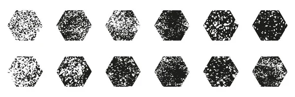 六角形グラウンジセット ヴィンテージブラック六角形のステインコレクション ラフテクスチャジオメトリスタンプ 抽象的なレトロなグラニーデザインエレメント 隔離されたベクターのイラスト — ストックベクタ