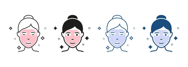 ビューティーコスメティックフェイスマスク リラックスパセラピーピクトグラム フェイシャルスパークルマスクラインとシルエットアイコンセット 女性の顔のスキンケアシンボルコレクション 隔離されたベクターのイラスト — ストックベクタ