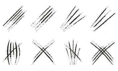 Pençe Tırmık Seti. Vahşi Hayvan Saldırısı İzi. Grunge Doku Kesme Koleksiyonu. Canavar, Kaplan veya Kedi Pençesi. Korkunç bir yırtılma. Ayı tırnağı izi. Soyut Tasarım Elementi. İzole Vektör İllüstrasyonu.