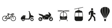 Scooter, Cable Car, Helikopter, Motosiklet, Bisiklet, Moped Silhouette Simgesi Seti. Ulaşım Piktogramı. Trafik Katı İşareti. Teslimat Servis Aracı Sembol Koleksiyonu. İzole Vektör İllüstrasyonu.