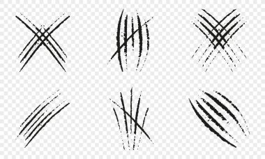 Pençe Tırmık Koleksiyonu. Grunge desenli çizgili kesik seti. Hayvan Çivisi İzi, Kaplan veya Kedi Pençesi. Canavar Mark. Şeffaf Arkaplanda Soyut Tasarım Elemanı. İzole Vektör İllüstrasyonu.