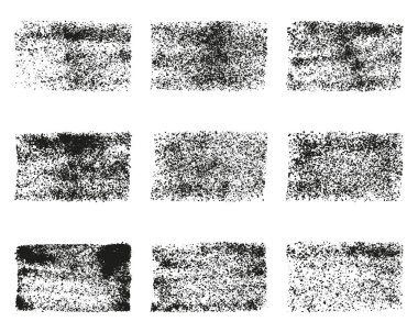 Grunge Lekesi Dikdörtgen Seti. Sert desenli fırça koleksiyonu. Dağınık Soyut Tasarım Elemanı. Klasik boya fırçası mürekkebi, Black Square Old Stamp. El Çizimi Sanatı. İzole Vektör İllüstrasyonu.