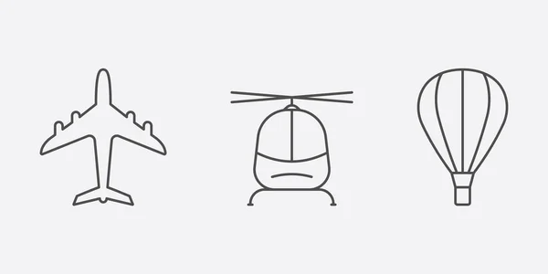 Lufttransportlinien Symbolset Vorhanden Flugzeug Hubschrauber Heißluftballon Linear Pictogram Collection Jet — Stockvektor