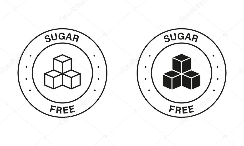 Food with No Added Sugar Label. Sugar Free Black Stamp Set. Zero Glucose Guarantee Icons. Diabetic Product, Free Sugar Symbol. 100 Percent No Sweet Logo. Isolated Vector Illustration.