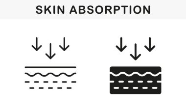 Skin Absorption Line and Silhouette Black Icon Set. Arrows Down, Skin Nutrition Concept Symbol Collection. Penetration of UV Ray to Skin Pictogram. Isolated Vector Illustration. clipart