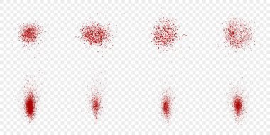 Grainy Boya Fırçası Seti. Sprey desen, Kızıl Grunge Çember Koleksiyonu. Yarı Renk Lekesi, Gürültü Efekti. Mürekkep Tanesi Dökümcüsü. Şeffaf arkaplanda soyut kan sıçraması. İzole Vektör İllüstrasyonu.