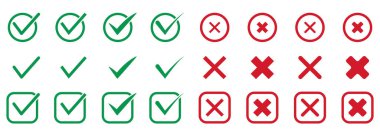 Mark, Tick ve Cross Red ve Green Silhouette Icon Set 'i kontrol edin. İşaretli Pictogram. Doğru ve Yanlış, Reddet ve Katı İşareti Kabul Et. Doğru ve Yanlış Sembol Koleksiyonu. İzole Vektör İllüstrasyonu.