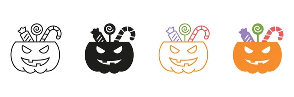 Citrouille Avec Candies Line Silhouette Icône Set Panier Halloween Pour — Image vectorielle