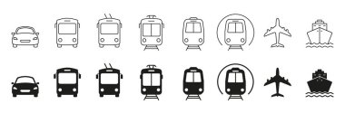 Araç Tipleri Hattı ve Siluet Simgesi Ayarlandı. Toplu taşıma Pictogram 'ı. Demiryolu, Hava Taşımacılığı, Araba, Otobüs, Tren, Metro, Gemi, Uçak Sembol Koleksiyonu. Yol İşareti. İzole Vektör İllüstrasyonu.