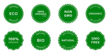 Doğal Ürün Eko Damga Seti. Sağlıklı Organik Vegan Gıda Siluet Simgeleri. Biyolojik Bitki Çıkartması Koleksiyonu. Yüzde yüz Ekolojik Kozmetik. Gmo Bedava Etiket, Gmo Rozetsiz. İzole Vektör İllüstrasyonu.