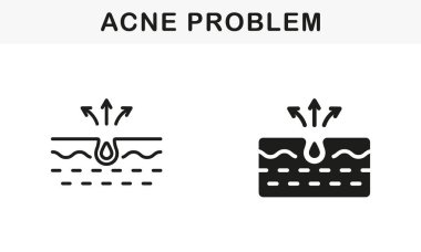 Deri sivilcesi, sivilce, Comedo Pictogram. Kirli Deri Problemi Sembol Koleksiyonu. Blackhead ve Inflammation Sebum Line ve Silhouette Black Icon Set. İzole Vektör İllüstrasyonu.